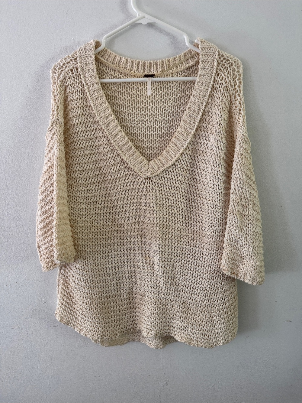 Free People Park Slope V Neck Chunky Knit 3/4 Sleeve Sweater Sz S